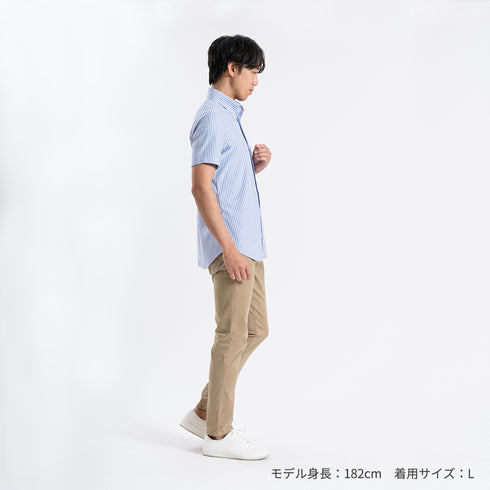 【日本製】 ワイシャツ メンズ 半袖 ビジネス 形態安定 速乾 ノーアイロン ストライプシャツ ボタンダウン ネイビー(SHKN24-063-na)